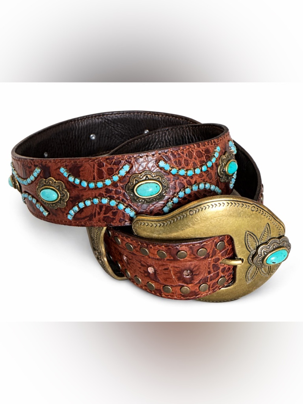 Rare NANNI Italy Leather Belt Brown Turquoise Studded Boho Western VTG